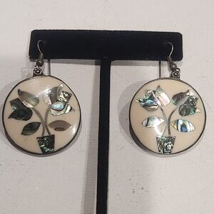 Vintage Alpaca Mexico Abalone Inlay Potted Plant Round Drop Earrings Silver Tone